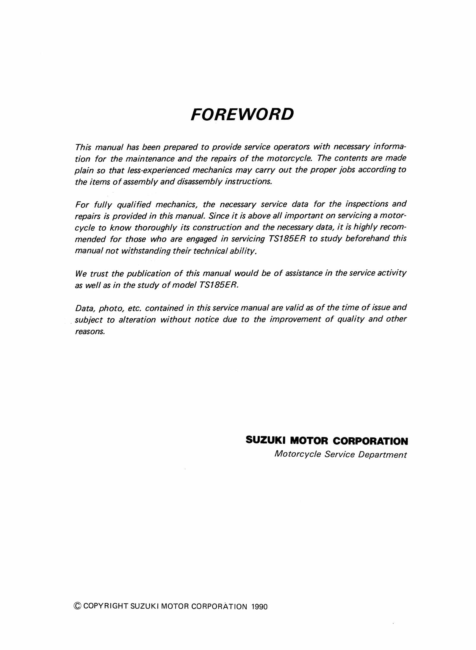 Suzuki TS185 TS250 Service Manual Supplement 